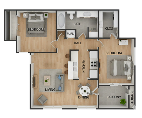 A floor plan of a house with a living room, dining room, kitchen, two bedrooms, a bathroom, a hallway, and a storage area.